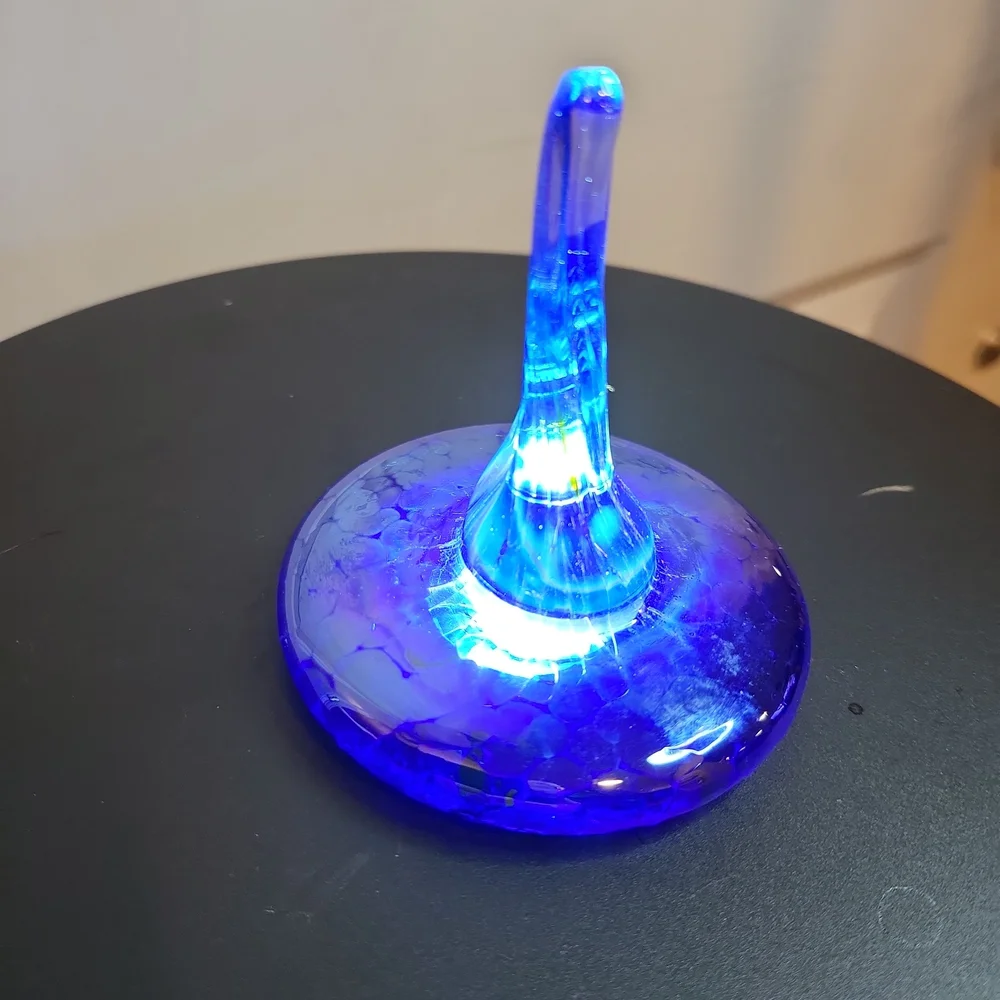 Blue Iridescent Art Glass Signed Ring Holder Hand Blown 3